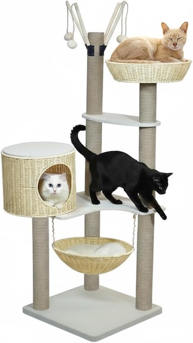 Modern cat tree with Stable base, Durable and Wooden frame, 148 cm Multi-level cat tower for Indoor and all size of cats, Cat Furniture with Perches, Basket bed, Scratching posts, and Hammock, (Beige)