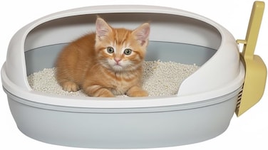 Open cat litter tray with Scoop, Spill reduce and High fence, 42 cm Pet safe material with Durable plastic, Stable base, Odor free &amp; Easy to clean, Pet tray with Detachable &amp; Indoor-Outdoor use (Grey)