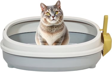 plastic cat toilet with high wall design, quick-clean surface for home use, 50 cm Mess-free tray with stable base, Oval shape and Included scoop, Pet waste tray with Detachable and Wipe-easy, (Grey)