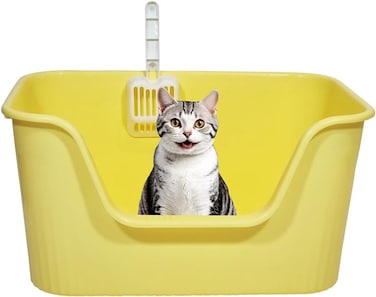 Deep cat litter box with High splash guard sides, 64 cm large plastic tray, Non-stick interior and Easy to clean, Open design for Kittens, Adult &amp; Multi-cats, Odor control and easy wipe (Yellow)