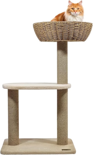 Cat tree tower with Handwoven Seagrass Basket perch and Sturdy base, 2-Tier Modern cat activity center, Natural sisal scratching post for Indoor cats &amp; Kittens, 85 cm (Beige)