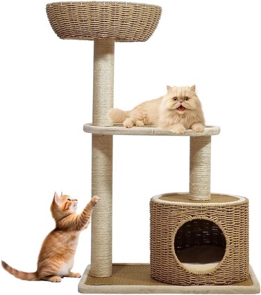 Cat tree tower with Handwoven seagrass basket perch, Sisal scratching post, and Enclosed cat condo, Multi-level activity center for Indoor Cats and Kittens, Easy assembly, 95 cm (Beige)