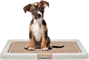 Puppy potty training toilet tray for Indoor/Outdoor use, Mess-free leak-proof pad holder with Removable plastic grid and Anti-slip base, Ideal for Puppies &amp; Small dogs, Easy to clean, 55 cm (BEIGE)