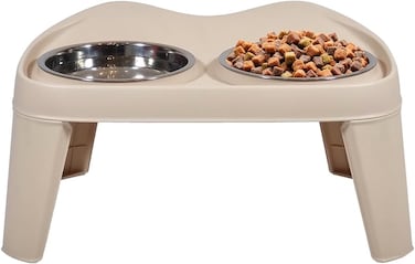 Raised dog and cat feeder stand with double stainless steel bowl and Non-slip base, Elevated food &amp; water station for Small to Medium pets, Ideal for Healthy digestion, Easy to clean, 46 cm (Beige)