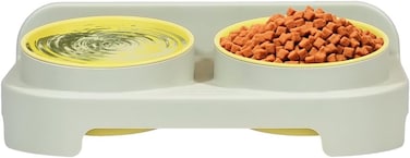 Pet double bowl feeder for Cats &amp; Small dogs, Durable PP material dog bowl with Portable design, Detachable design, and Anti-Tip design, Suitable for Indoor/Outdoor use, 30 cm (Yellow)