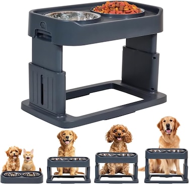 Elevated dog bowls, 4 Adjustable height dog raised bowls with 2 Stainless steel bowls, Durable PP material, and Non-slip base, Suitable for Indoor dogs, Detachable &amp; Easy to clean, 43 cm (Navy Blue)