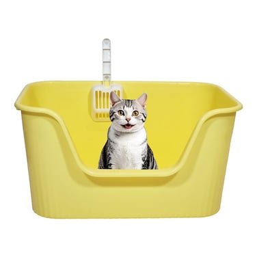 Cat litter box with Extra-large design, Deep high walls, Litter scoop and Low entrance, 64 cm Spacious cat toilet with Odor control, Anti-splash, Durable plastic and Non-stick, Easy to clean (Yellow)