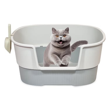 Cat toilet box with High-side, Odor control, Detachable &amp; Easy to clean, 65 cm Large tray with Mess-free splash guard, Low step entry, Included Scoop, and Open top, Ideal for all cat sizes (Grey)