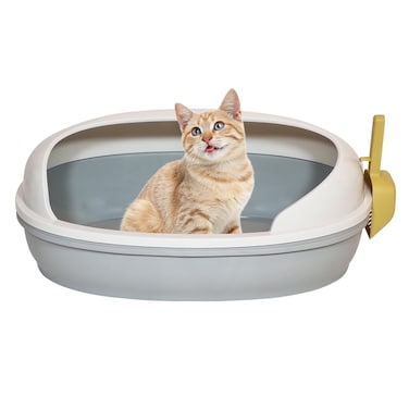 Semi open cat litter box with Durable plastic material, Splash guard, Stable base and Air ventilation design, 58 cm Pet waste tray with Scoop, high fence, Indoor-outdoor use, and Detachable (Grey)