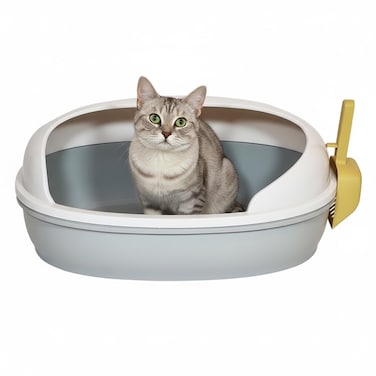 Semi open cat litter box for kitten to medium cats, Durable plastic material, Splash guard, and Stable base, 50 cm Pet waste tray with Scoop, high fence, Indoor-outdoor use, &amp; Detachable (Grey)