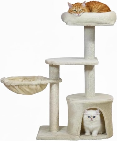 Modern cat tree with Padded perch, Plush hammock, Cozy condo, and Natural sisal scratching post, Multi-tier cat climbing tower for Indoor cats &amp; Kittens, Easy to assemble, 84 cm (Beige)