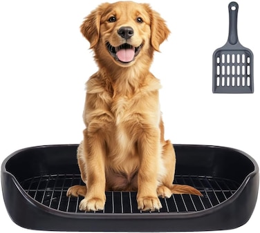 Dog toilet tray for Small to Medium dogs, Puppy potty toilet tray with Removable metal grid, Litter scoop, and Leak-proof design, Suitable for Indoor/Outdoor use, 48 cm (Black)