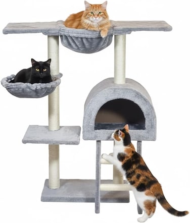 Cat tree with Wide top platform, Hammock, and Natural sisal scratching posts, Cat tower with Multilevel, Cozy Condo, and Climbing ladder, Soft plush material and 100 cm Protect furniture (Grey)