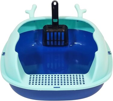 Enclosed cat litter  box with Scoop, Durable plastic &amp; High sided, 46 cm Kitty litter tray with Removable Grid, Anti-splash, Detachable and Easy to clean, Ideal for Kitten to large Indoor cats (Blue)