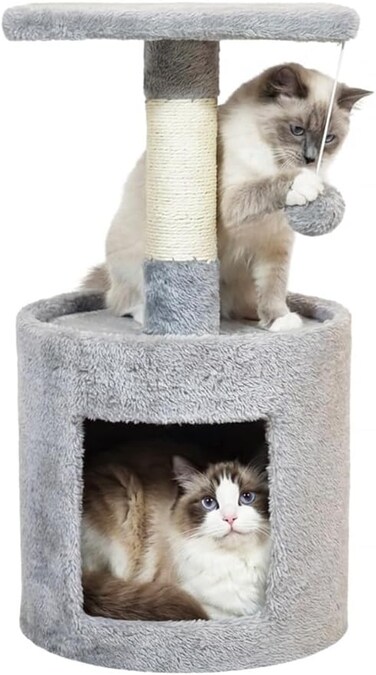 Modern cat tower with Hideaway cave and Hanging ball, Space saving design, Easy to fix and Portable, 59 cm Cat activity tree with Scratching pole, Protect furniture for Indoor cats and kittens, (Grey)