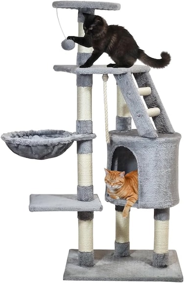Cat tree tower for Indoor cats &amp; Kittens, Multi-level cat tree activity center with Enclosed cat condo, Plush perch, Cozy Hammock, Sisal scratching post, and Ladder, Easy assembly, 118 cm (Grey)
