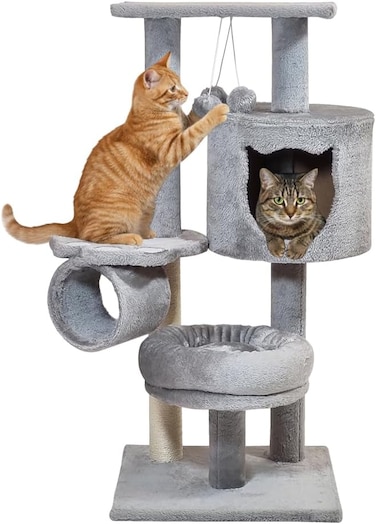Cat tree with Plush perch, Interactive hanging toys, Sisal scratching post, Cozy cat house &amp; Tunnel, Stable indoor cat play tower for Kittens &amp; Adult cats, Easy to assemble, 90 cm (Grey)