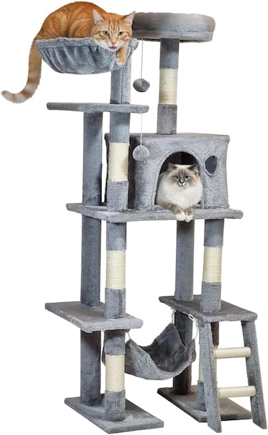 Cat tree tower for Indoor cats &amp; Kittens, Multi-level cat tree activity center with Plush perch, Sisal scratching post, Cozy hammock, Cat condo, and climbing ladder, Easy assembly, 143 cm (Grey)
