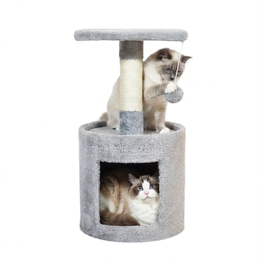 Compact cat tower with Scratch pole, Anti-scratch and Cat nail care post, 59 cm Protect furniture for Indoor cats and kittens, Small cat tree with Resting platform, Cozy Condo and Hanging Toy (Grey)