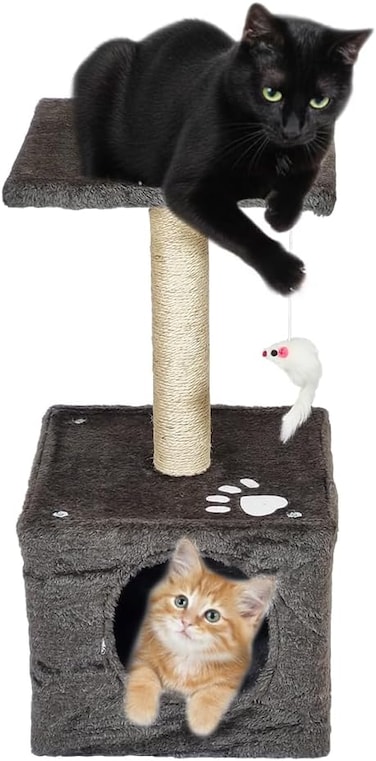 Compact cat tower with Scratch pole, Anti-scratch and Cat nail care post, 60 cm Protect furniture for Indoor cats and kittens, Small cat tree with Resting platform, Cozy Condo and Hanging Toy (Black)