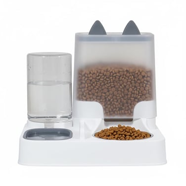 Automatic cat food and water dispenser set, Gravity-fed feeder with Large storage capacity, Stainless steel bowl, and Non-slip base, Suitable for Indoor cats &amp; Small pets, Easy to clean, 25 cm (White)