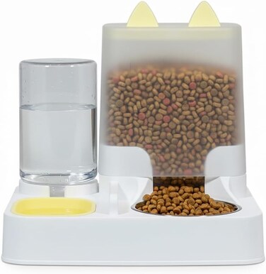 Automatic cat food and water dispenser set, Pet feeder with Large storage capacity, Stainless steel bowl, and Non-slip base, Suitable for Indoor cats &amp; Small pets, Easy to clean, 25 cm (Yellow)
