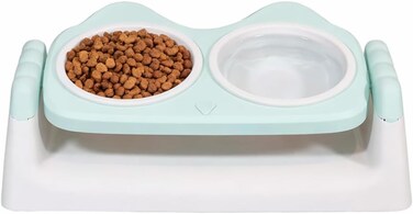 Elevated pet feeder for indoor cats &amp; kittens, Double bowl plastic feeding station with Non-slip base, Ergonomic raised stand for improved posture, Easy to clean, 33 cm (GREEN)
