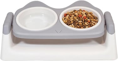 Elevated pet feeder for indoor cats &amp; kittens, Double bowl plastic feeding station with Non-slip base, Ergonomic raised stand for improved posture, Easy to clean, 33 cm (GREY)