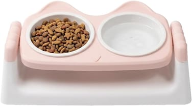 Elevated pet feeder for indoor cats &amp; kittens, Double bowl plastic feeding station with Non-slip base, Ergonomic raised stand for improved posture, Easy to clean, 33 cm (PINK)