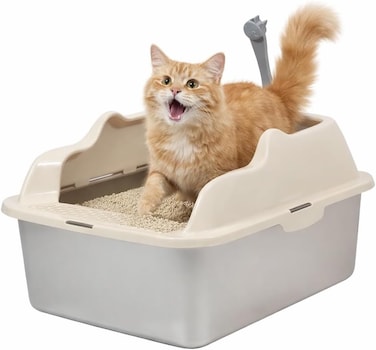 Stainless steel cat litter box for Indoor cats, Durable rustproof cat toilet with Splash guard design, Odor-resistant, Non-stick surface, and Grid design, Easy to clean, 45 cm (BEIGE)
