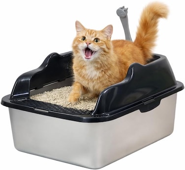 Stainless steel cat litter box for Indoor cats, Durable rustproof cat toilet with Splash guard design, Odor-resistant, Non-stick surface, and Grid design, Easy to clean, 45 cm (BLACK)