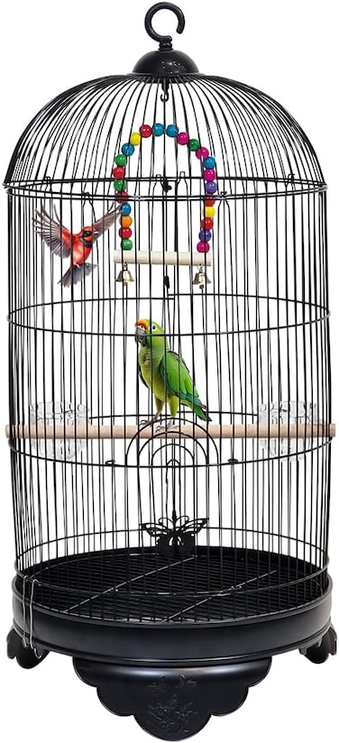 Metal Bird Cage with Durable, Hanging Hook, Feeders and Play Toy, 70 cm Spacious Indoor Bird House For Parrots, Budgies and Small Birds, Portable and Easy to Carry for Outdoor Activity (Black)