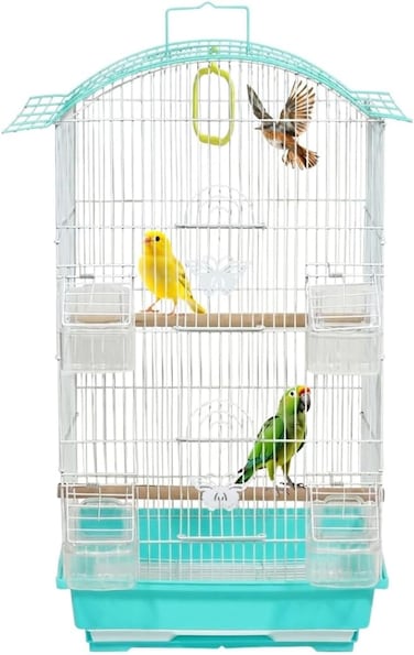 Small bird cage with Perches, Feeders and Swing, Ideal for Parakeets, Lovebirds, and Small Parrots, 62 cm Metal bird cage with Hanging, Pull-out tray, Portable, Durable and Top-Roof Design (Cyan)