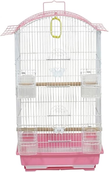 Small bird cage with Perches, Feeders and Swing, Ideal for Parakeets, Lovebirds, and Small Parrots, 62 cm Metal bird cage with Hanging, Pull-out tray, Portable, Durable and Top-Roof Design (Pink)