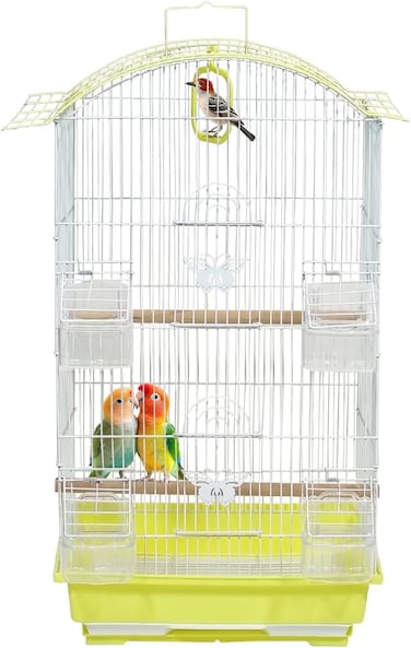 Small bird cage with Perches, Feeders and Swing, Ideal for Parakeets, Lovebirds, and Small Parrots, 62 cm Metal bird cage with Hanging, Pull-out tray, Portable, Durable and Top-Roof Design (Yellow)