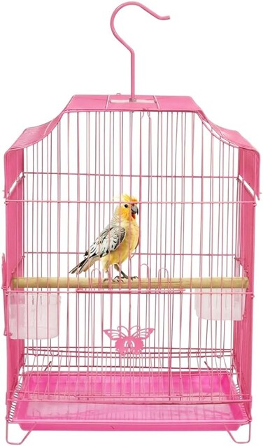 Small Bird Cage with Metal Wire, Ideal for Budgies, Small Parrots, and Parakeets, 45 cm Portable cage for Indoor-Outdoor, Metal Bird cage with Hanging, Bottom tray, Perches, and Feeding bowls (Pink)