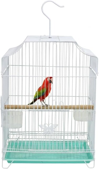 Small Bird Cage with Metal Wire, Ideal for Budgies, Small Parrots, and Parakeets, 45 cm Portable cage for Indoor-Outdoor, Metal Bird cage with Hanging, Bottom tray, Perches, and Feeding bowls (White)