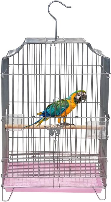 Heavy-Duty Bird Cage with Hanging Hook, Durable Metal Wire, and Portable, 54 cm Parrot Cage with Perch, Feeding Cups, and Removable Tray, Indoor Bird House for Cockatiels and Small Birds (Silver)