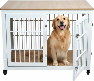 Dog Kennel for Medium-Large Dogs, Indoor-Outdoor Cage, &amp; Double Door, 98 cm Rolling Dog House with Storage Top, Metal Frame, &amp; Secure Locks, Multi-Function Pet Furniture, Stylish Wooden Cage (White)