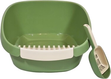 Open cat litter box with Durable plastic, Extra Deep, High sides and Removable Front Gate for Mess-free cleaning, 59 cm Kitty toilet with Anti-leak, Filter pedal, and Scoop, Easy to clean (GREEN)