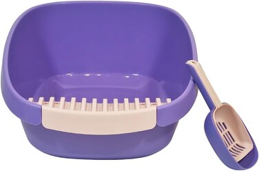 Open cat litter box with Durable plastic, Extra Deep, High sides and Removable Front Gate for Mess-free cleaning, 59 cm Kitty toilet with Anti-leak, Filter pedal, and Scoop, Easy to clean (PURPLE)