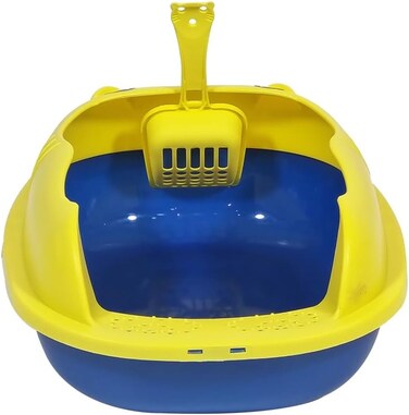 Cat litter tray with Splash Guard, Attached Scoop, &amp; Removable Rim, 37 cm Open Litter Pan for Kitten Indoor cats, Mess Free, &amp; Easy Maintenance, Kitty tray with Durable, and Light weight (Yellow)