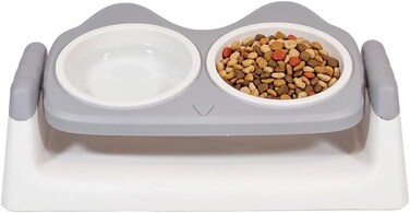 Elevated cat food and water bowl set for Indoor cats &amp; Kittens, Durable plastic pet feeder with Dual bowls, Non-toxic materials, and Anti-slip base, Easy to clean, 33 cm (GREY)