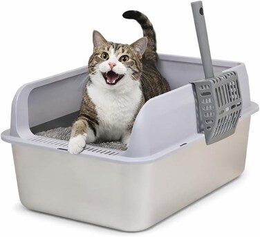 Stainless steel cat litter box with Splash guard, litter Scoop, Rust-resistant, and Grid design, Heavy-duty metal cat toilet tray for Indoor cats &amp; Kittens, Easy to clean, 50 cm (Grey)