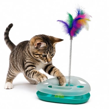 Interactive cat ball track toy with spring feather attachment, self-play cat toy for indoor cats and kittens, enhances physical exercise, mental stimulation, and daily fun (GREEN)