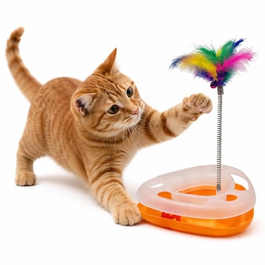 Interactive cat ball track toy with spring feather attachment, self-play cat toy for indoor cats and kittens, enhances physical exercise, mental stimulation, and daily fun (ORANGE)