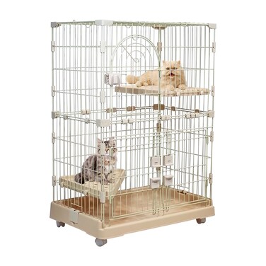 Cat cage with Rolling casters, Elevated Lounging platforms, Secure locking doors, and Leak-proof base, Heavy-duty metal cat enclosure for Indoor cats &amp; kittens, Easy to assemble, 101 cm (Beige)