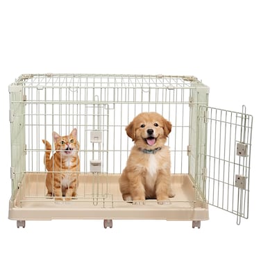 Metal cat cage kennel for cats &amp; small dogs, Durable pet playpen with Lockable doors, Metal frame, Rolling wheels, and Leak-proof base, Ideal for Indoor/Outdoor use, 85 cm (Beige)