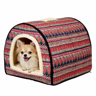 Pet bed house for Small to Medium-sized dogs, Enclosed calming shelter with Removable cushion, Portable handle, Durable zipper, and Non-slip base, Easy to clean, 55 cm (Red)