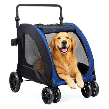 Large pet stroller with Mesh Windows, Stable 4 wheels, Lightweight and Travel Carrier for Cats &amp; Dogs, 105 cm Pet Trolley with 360 Ventilation, Storage Basket, Adjustable Handle, Removable Pad (Blue)
